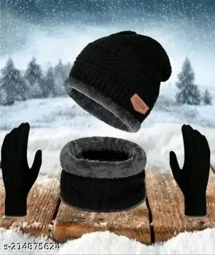 COMBO OF 3 PIECES BLACK WOLLEN  CAP, NECK SCARF & HAND GLOVES  